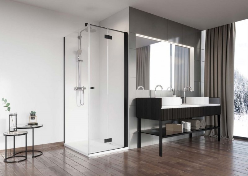 Radaway Nes 8 Black KDJ B kabina kwadratowa 90x90 drzwi składane PRAWE 90 i ścianka 90 czarny przeźroczyste Easy Clean 10075090-54-01R + 10089090-01-01