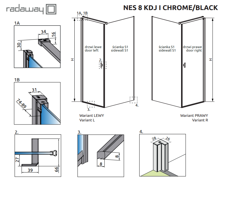 Radaway Nes 8 KDJ kabina prostokątna 90x70 drzwi wahadłowe PRAWE 90 i ścianka 70 chrom przeźroczyste Easy Clean 10072090-01-01R + 10089070-01-01
