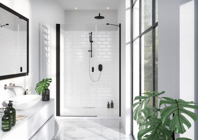 Radaway Nes 8 Black DWS I drzwi wnękowe wahadłowe z polem stałym LEWE 120 cm czarny przeźroczyste Easy Clean 10078110-54-01L + 10078112-01-01