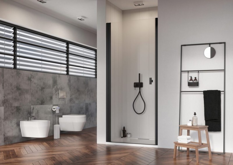Radaway Nes 8 Black DWJ I drzwi wnękowe wahadłowe LEWE 90 cm czarny przeźroczyste Easy Clean 10076090-54-01L