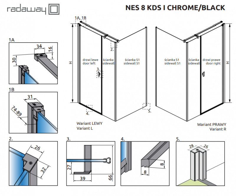 Radaway Nes 8 KDS I kabina prostokątna 140x90 drzwi wahadłowe PRAWE 140 i ścianka 90 chrom przeźroczyste Easy Clean 10073140-01-01R + 10073114-01-01 + 10089090-01-01