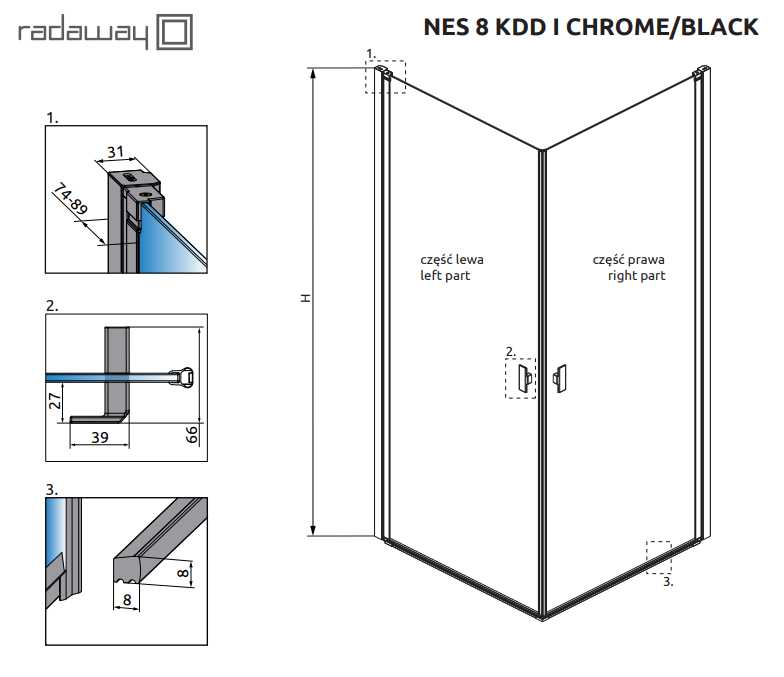 Radaway Nes 8 Black KDD I kabina prostokątna 100Lx80P drzwi wahadłowe czarny przeźroczyste Easy Clean 10071100-54-01L + 10071080-54-01R