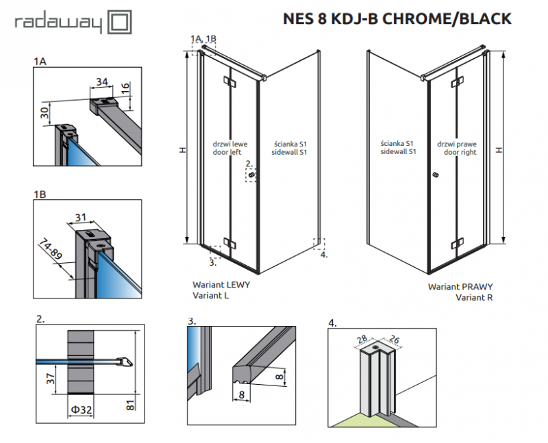 Radaway Nes 8 Black KDJ B kabina prostokątna 100x90 drzwi składane LEWE 90 i ścianka 100 czarny przeźroczyste Easy Clean 10075090-54-01L + 10089100-01-01