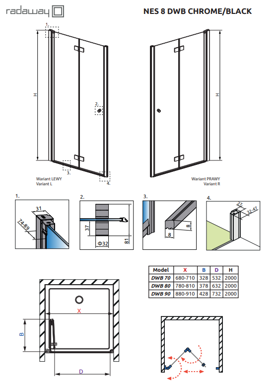 Radaway Nes 8 DWB drzwi wnękowe składane LEWE 90 cm chrom przeźroczyste Easy Clean 10079090-01-01L