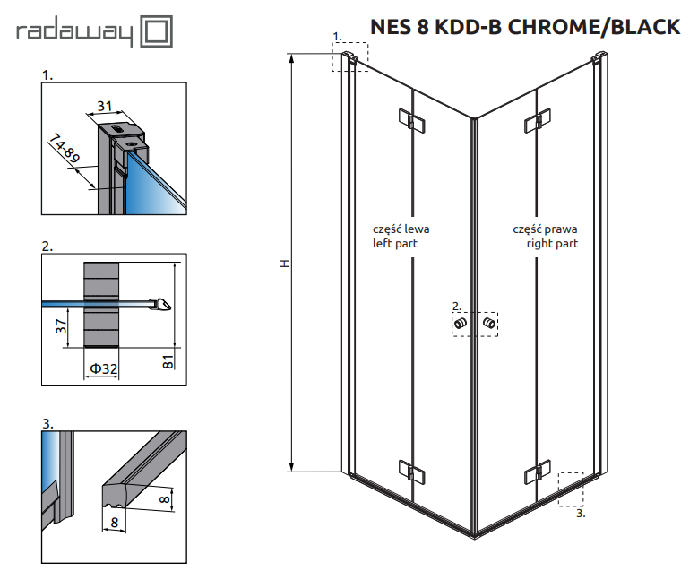 Radaway Nes 8 Black KDD B kabina kwadratowa 100x100 drzwi składane czarny przeźroczyste Easy Clean 10074100-54-01L + 10074100-54-01R