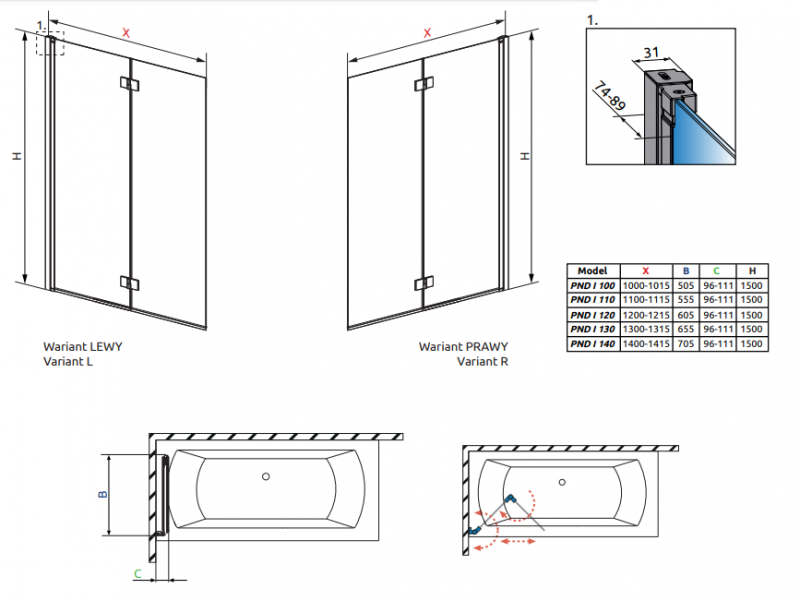 Radaway Nes Black PND I parawan nawannowy dwuczęściowy 120 cm prawy czarny przeźroczyste Easy Clean 10010120-54-01R