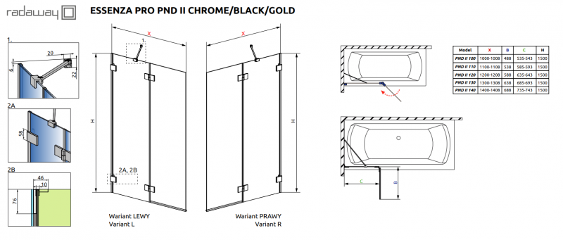 Radaway Essenza Pro Gold PND II parawan nawannowy dwuczęściowy 120 cm lewy złoty przeźroczyste Easy Clean 10102120-09-01L