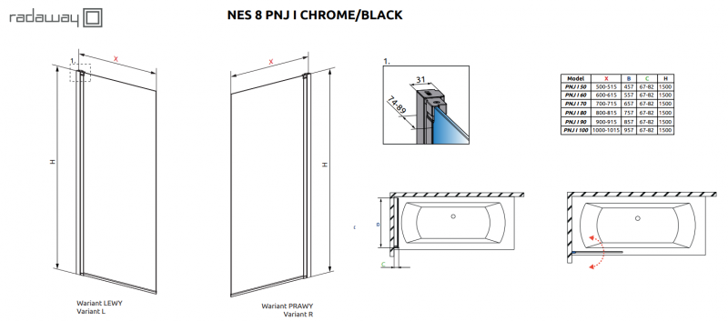 Radaway Nes 8 Black PNJ I parawan nawannowy jednoczęściowy 70 cm prawy czarny przeźroczyste Easy Clean 10061070-54-01R