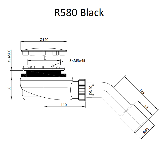 Radaway R580 Black syfon brodzikowy 90 z podwyższonym przepływem czarny niski 5,8 cm