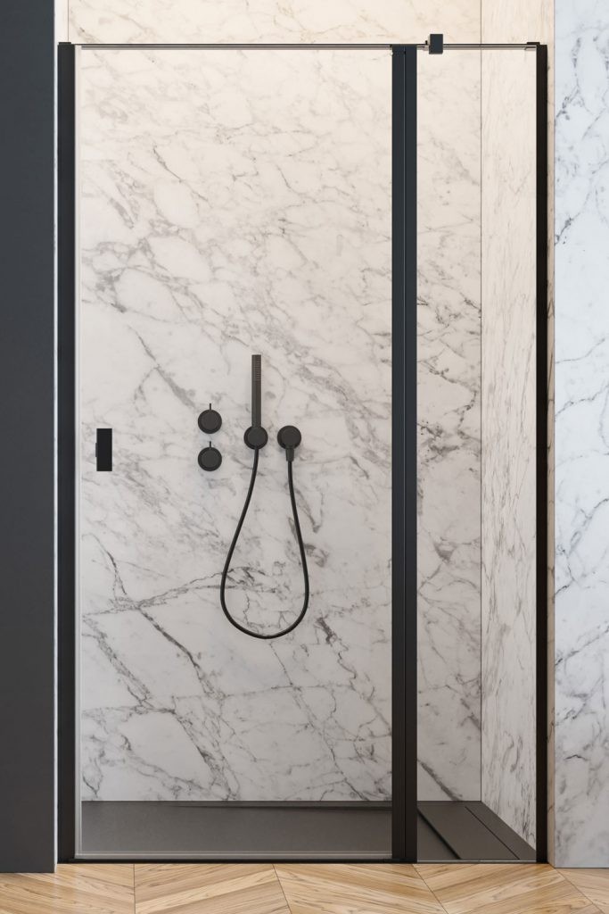 Radaway Nes Black DWJ II drzwi wnękowe wahadłowe z polem stałym 110 cm prawe czarny przeźroczyste Easy Clean 10036110-54-01R