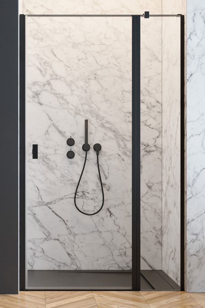 Radaway Nes Black DWJ II drzwi wnękowe wahadłowe z polem stałym 80 cm prawe czarny przeźroczyste Easy Clean 10036080-54-01R