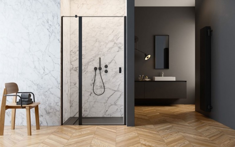 Radaway Nes Black DWJ II drzwi wnękowe wahadłowe z polem stałym 120 cm lewe czarny przeźroczyste Easy Clean 10036120-54-01L