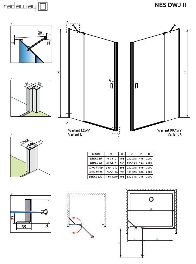 Radaway Nes Black DWJ II drzwi wnękowe wahadłowe z polem stałym 80 cm lewe czarny przeźroczyste Easy Clean 10036080-54-01L