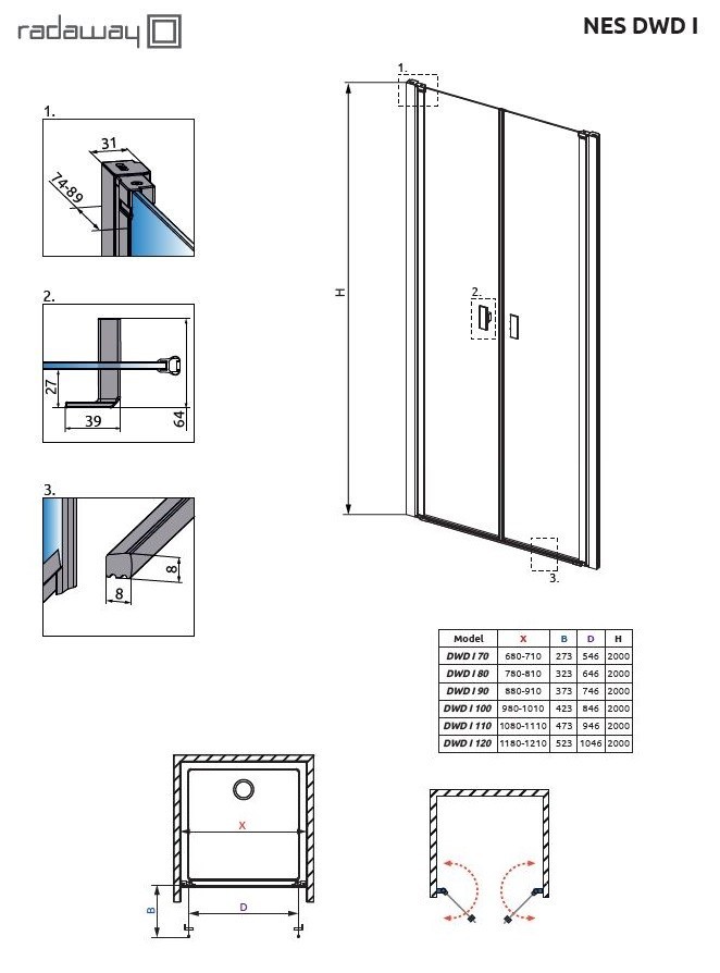 Radaway Nes Black DWD I drzwi wnękowe dwuczęściowe wahadłowe 70 cm czarny przeźroczyste Easy Clean 10027070-54-01