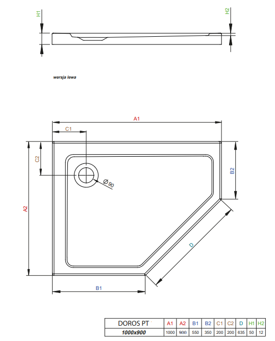 Radaway Doros PT E brodzik pentagonalny asymetryczny 100x90 lewy SDRPT1090-01L