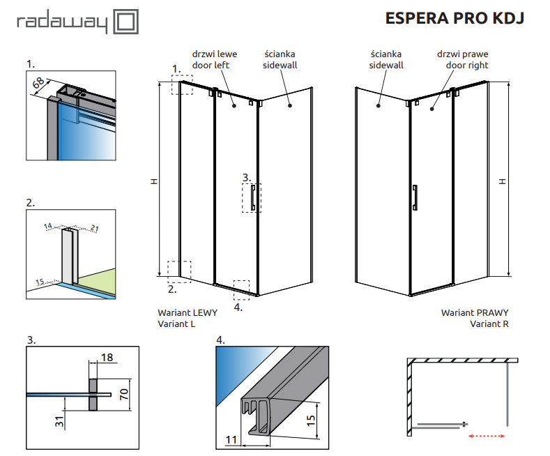 Radaway Espera Pro KDJ kabina prostokątna 100x70 drzwi przesuwne prawe 100 i ścianka 70 chrom przeźroczyste Easy Clean