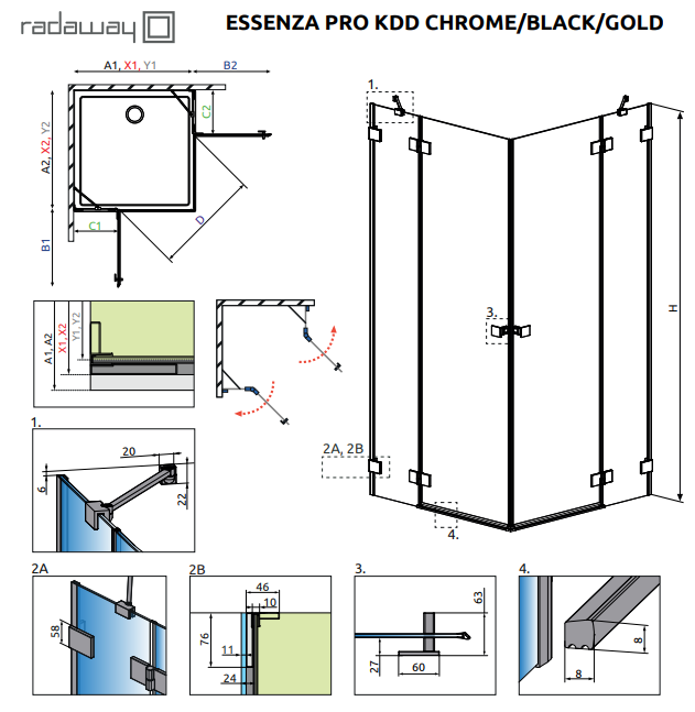 Radaway Essenza Pro KDD kabina prostokątna 80Lx100P drzwi otwierane chrom przeźroczyste Easy Clean 10096080-01-01L + 10096100-01-01R