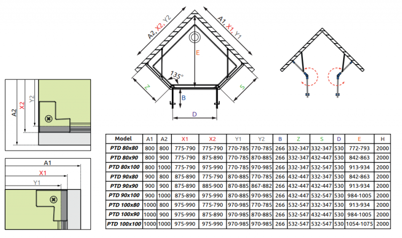 Radaway Nes PTD kabina pięciokątna asymetryczna 90x80 drzwi dwuczęściowe wahadłowe chrom przeźroczyste Easy Clean 10051000-01-01 + 10051200-01-01