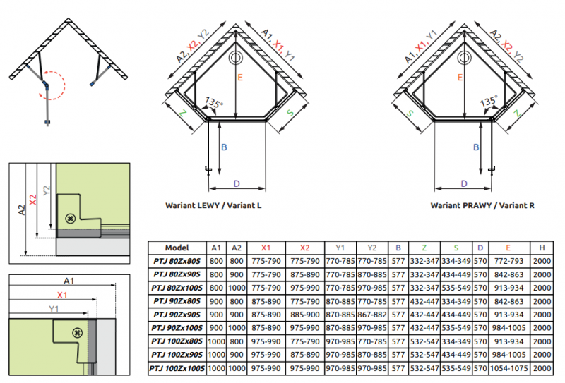 Radaway Nes PTJ kabina pięciokątna asymetryczna 80x90 drzwi wahadłowe PRAWE chrom przeźroczyste Easy Clean 10052000-01-01R + 10052600-01-01