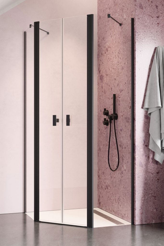 Radaway Nes Black PTD kabina pięciokątna asymetryczna 100x80 drzwi dwuczęściowe wahadłowe czarny przeźroczyste Easy Clean 10051000-54-01 + 10051300-54-01