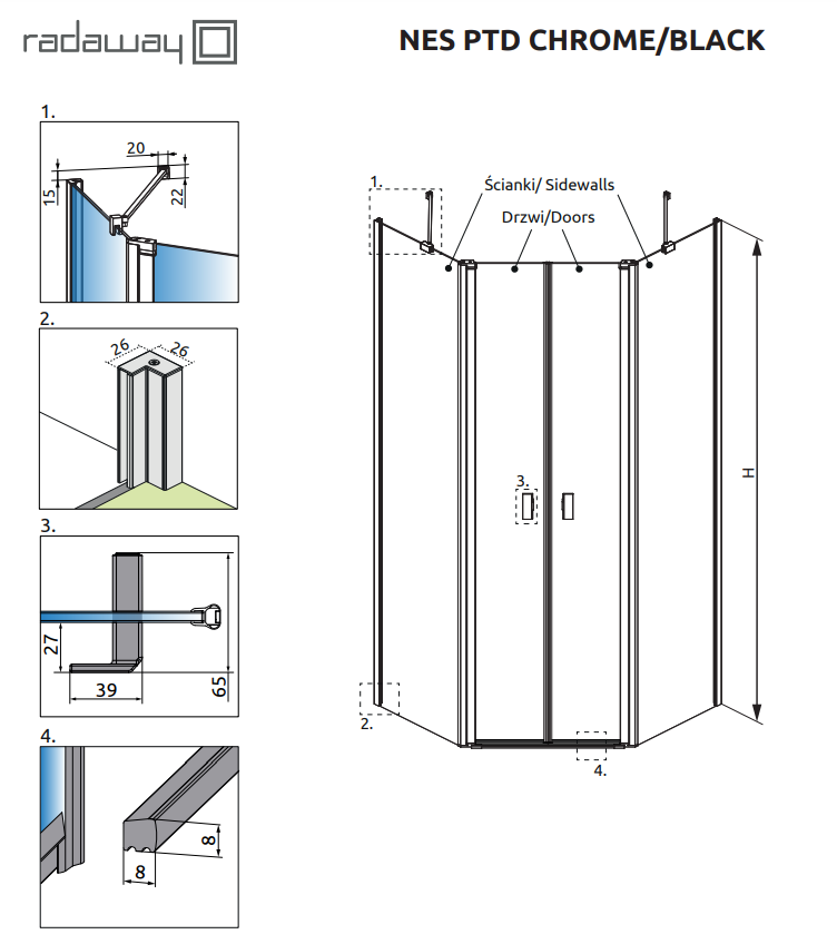 Radaway Nes PTD kabina pięciokątna 100x100 drzwi dwuczęściowe wahadłowe chrom przeźroczyste Easy Clean 10051000-01-01 + 10051100-01-01