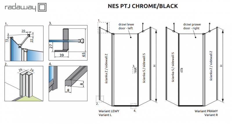 Radaway Nes Black PTJ kabina pięciokątna 90x90 drzwi wahadłowe PRAWE chrom przeźroczyste Easy Clean 10052000-54-01R + 10052900-54-01
