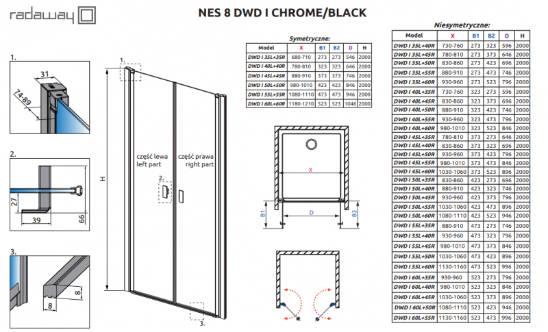 Radaway Nes 8 DWD I drzwi wnękowe wahadłowe dwuczęściowe 100 cm chrom przeźroczyste Easy Clean 10077050-01-01L + 10077050-01-01R