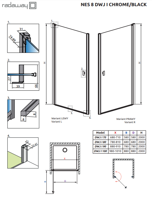 Radaway Nes 8 DWJ I drzwi wnękowe wahadłowe LEWE 90 cm chrom przeźroczyste Easy Clean 10076090-01-01L