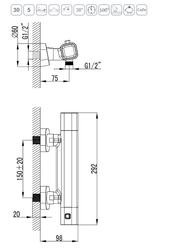 Ravak 10 bateria prysznicowa termostatyczna natynkowa chrom X070102