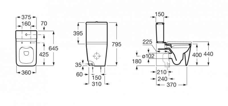 Roca Inspira Square Rimless muszla do kompaktu odpływ uniwersalny A342536000