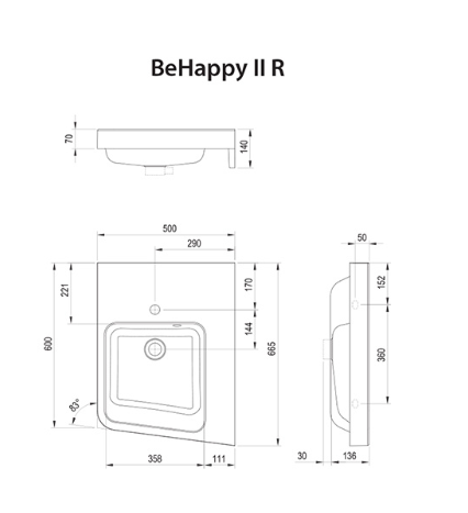 Ravak BeHappy II umywalka narożna wisząca 50x66,5 cm prawa konglomerat biały XJAP1100001