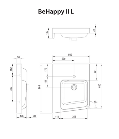 Ravak BeHappy II umywalka narożna wisząca 50x66,5 cm lewa konglomerat biały XJAL1100001