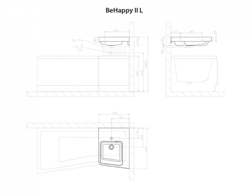 Ravak BeHappy II umywalka narożna wisząca 50x66,5 cm prawa konglomerat biały XJAP1100001