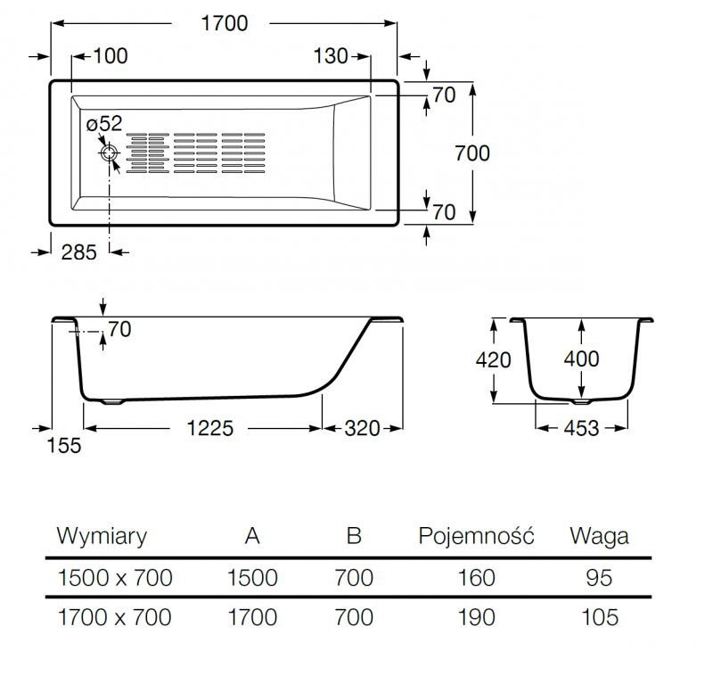 Roca Tampa wanna żeliwna prostokątna 170x70 biały z dnem antypoślizgowym A234150000