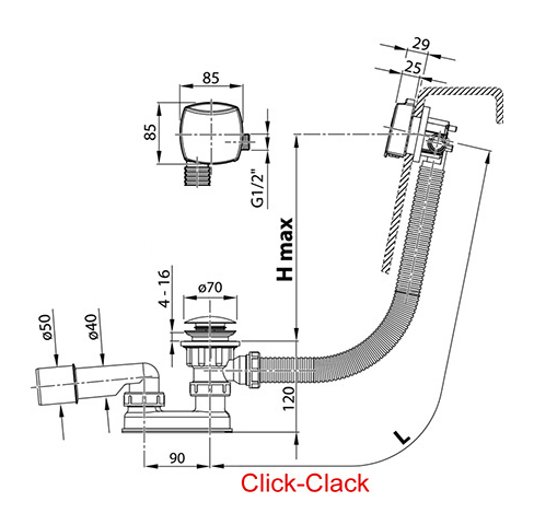 Ravak syfon wannowy click-clack z napełnianiem przez przelew chrom X01440