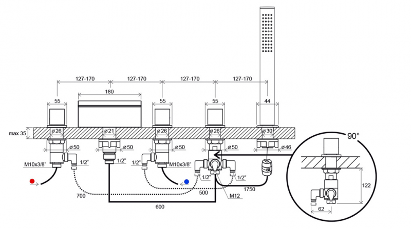 Ravak bateria wannowa stojąca 5-otworowa chrom X070060
