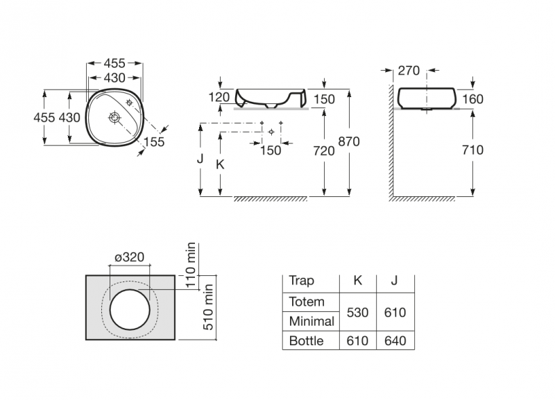 Roca Beyond Colors umywalka stawiana na blat 45,5x45,5 FineCeramic onyx A3270B9640