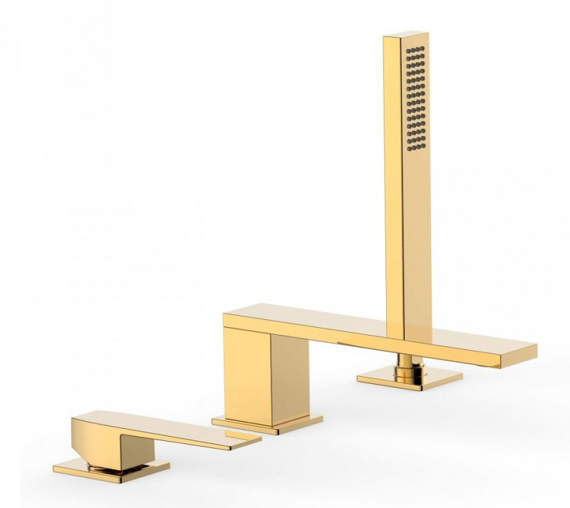 Tres Slim-Tres bateria wannowa 3-otworowa wylewka 18 cm uchwyt płaski złoty polerowany 202.161.03.OR