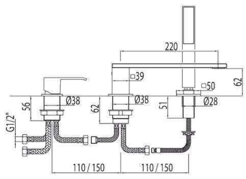 Tres Cuadro bateria wannowa 3-otworowa stal 006.161.03.AC