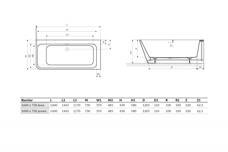 Excellent Lila 2.0 wanna narożna prostokątna prawa 160x73 WAEX.LIL2.160P.WHN