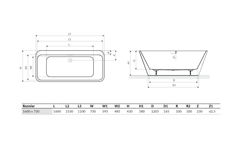 Excellent Lila 2.0 wanna wolnostojąca prostokątna 160x73  WAEX.LIL2.160.WHW