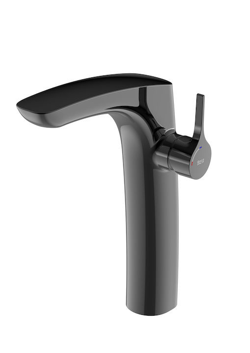 Roca Insignia Black bateria umywalkowa sztorcowa wysoka COLD START z korkiem czarny połysk A5A3C3ACN0