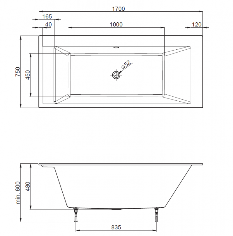 Roca Spiro wanna prostokątna 170x75 z nogami Stonex A248464000