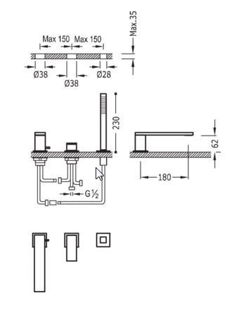 Tres Cuadro bateria wannowa 3-otworowa długość wylewki 18cm złoty polerowany 006.161.05.OR