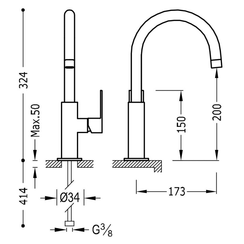 Tres Loft-Colors bateria umywalkowa wysoka złoty matowy 200.205.05.OM