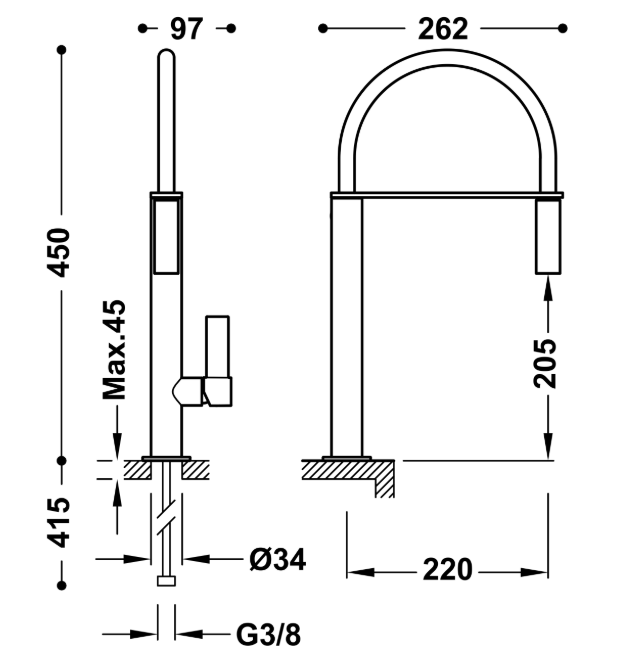 Tres COLORS bateria kuchenna zlewozmywakowa stojąca z wyciąganą wylewką stal 205.487.02.AC
