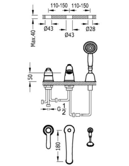 Tres Clasic bateria wannowa retro 3-otworowa stary mosiądz matowy 242.145.01.LM