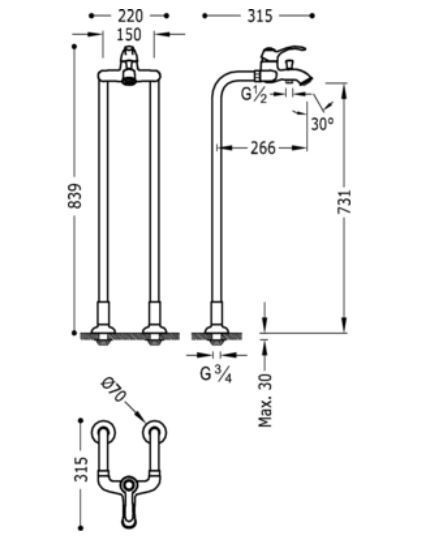 Tres Clasic bateria wannowa wolnostojąca retro stary mosiądz matowy 242.194.02.LM