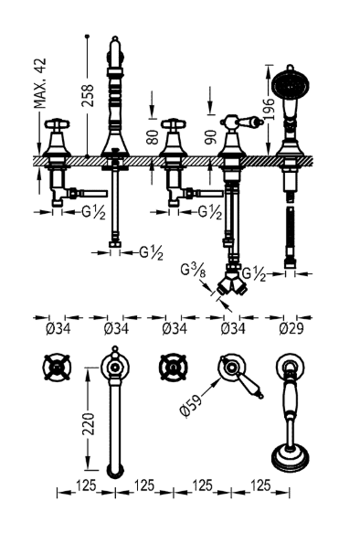 Tres Clasic bateria wannowa pięciootworowa chrom 242.146.01