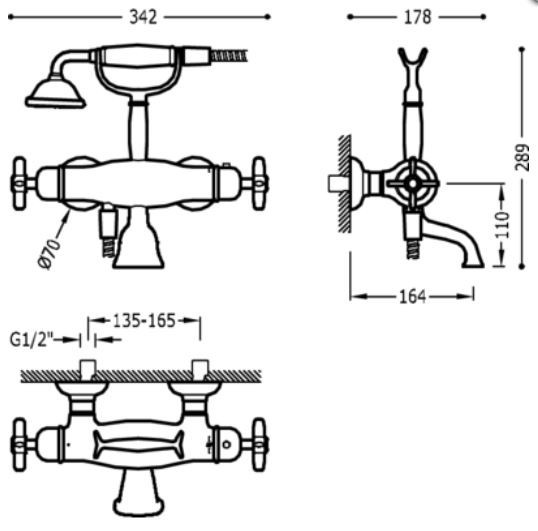 Tres Clasic termostatyczna bateria wannowa retro z zestawem natryskowym stary mosiądz matowy 242.176.09.LM